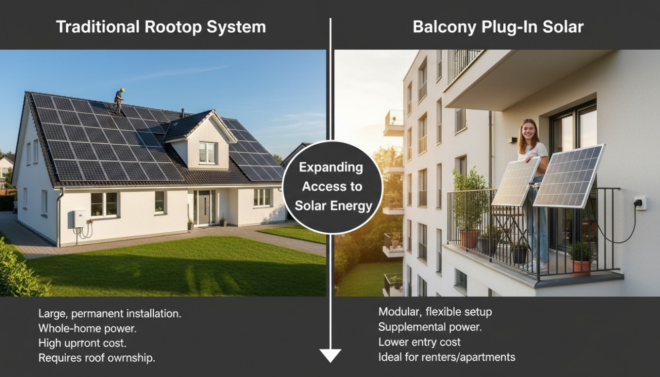 Traditional rooftop solar system compared with balcony plug-in solar, showing how plug-in PV expands access to residential solar energy for renters and apartment users